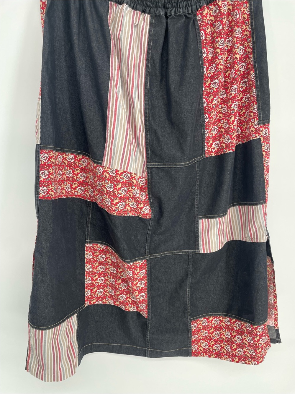 80s 90s Koos Of Course! Patchwork Denim Style Midi Skirt Elastic Waist Cotton - Picture 14 of 15